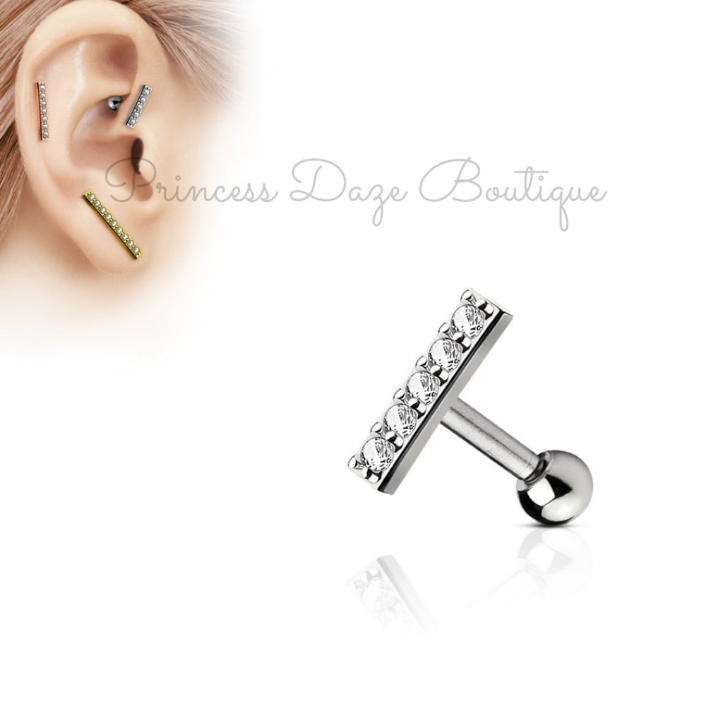 Silver CZ Lined 9mm Long Bar Top Cartilage / Tragus Barbell Stud Earring